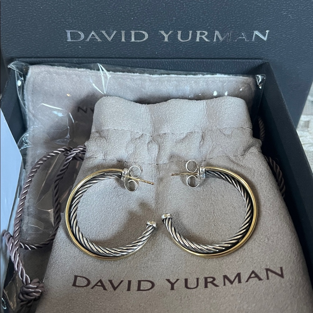 David Yurman Two-Tone Cable Hoop Earrings - Silver and Gold Accents